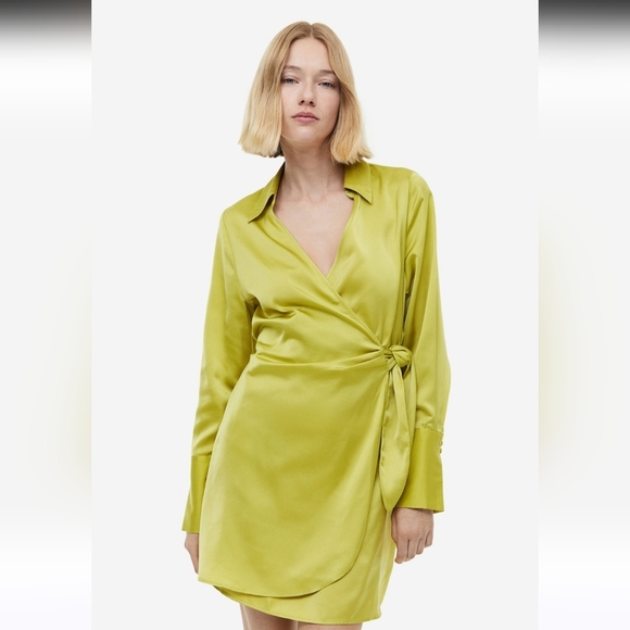 H&M Yellow Green Satin wrap mini dress. Size Large - Picture 5 of 16